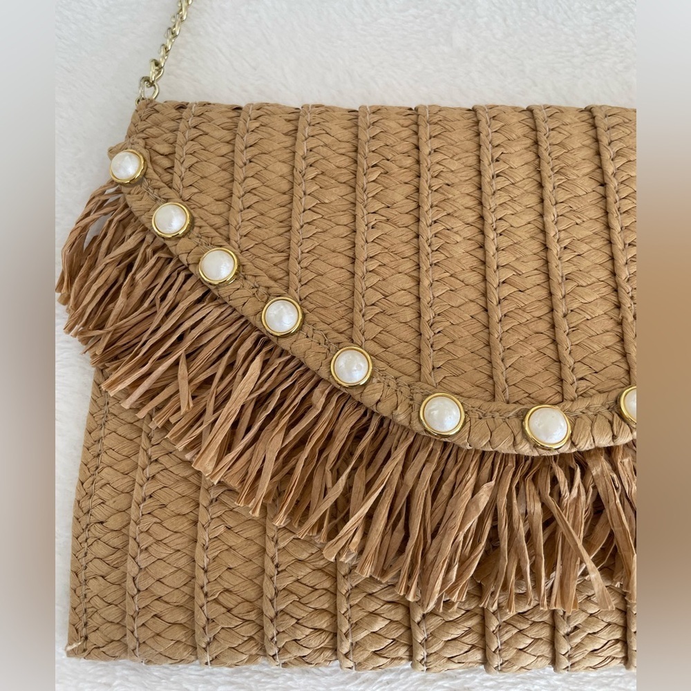 Sol and Mer Paper Straw Faux Pearl Convertible Envelope Clutch With Chain - Picture 9 of 17